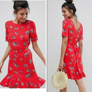 Asos Polka Dot Floral Ruffle Tie Back Tea Dress